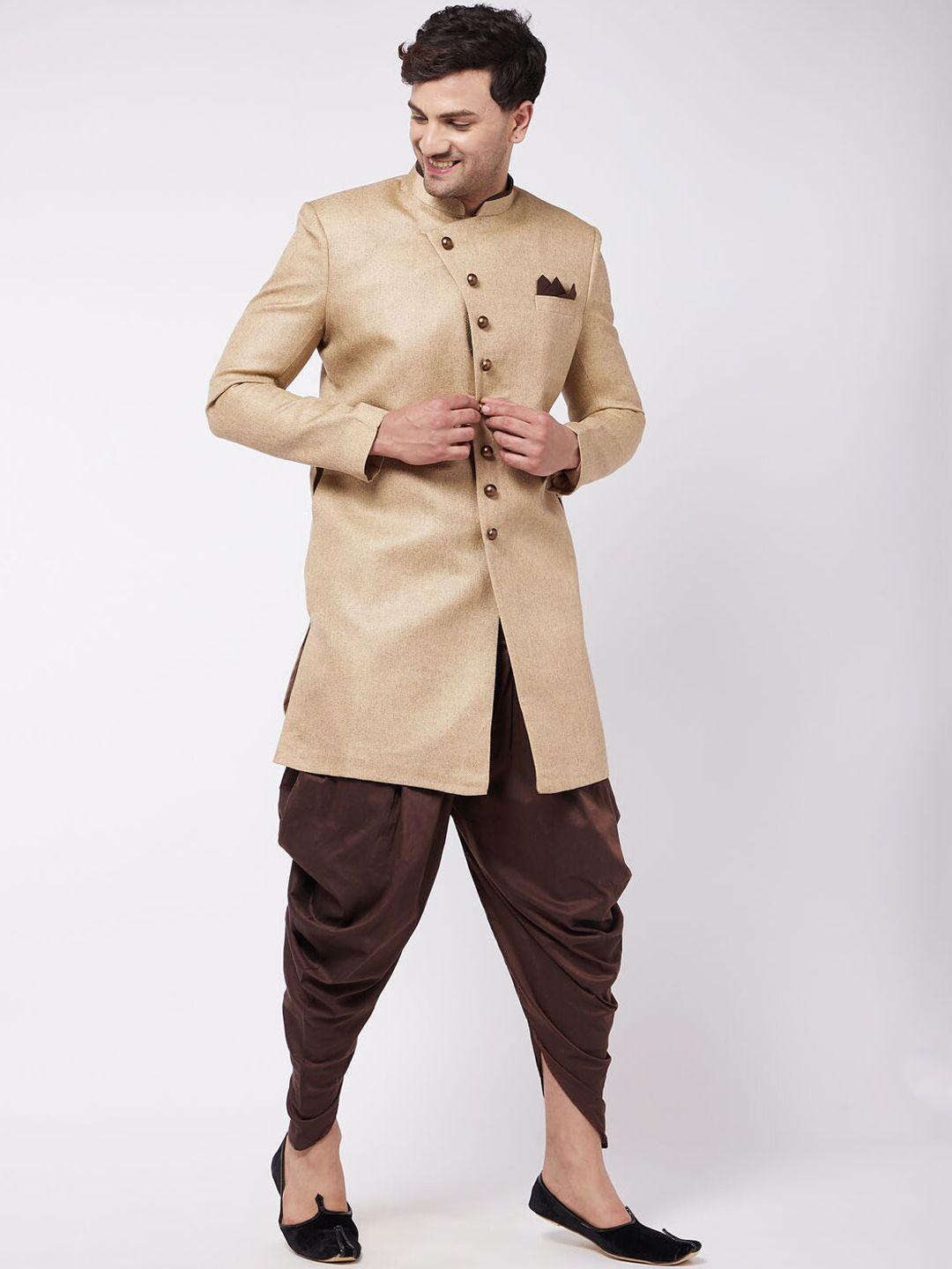vm self-design mandarin collar jute cotton slim-fit sherwani set