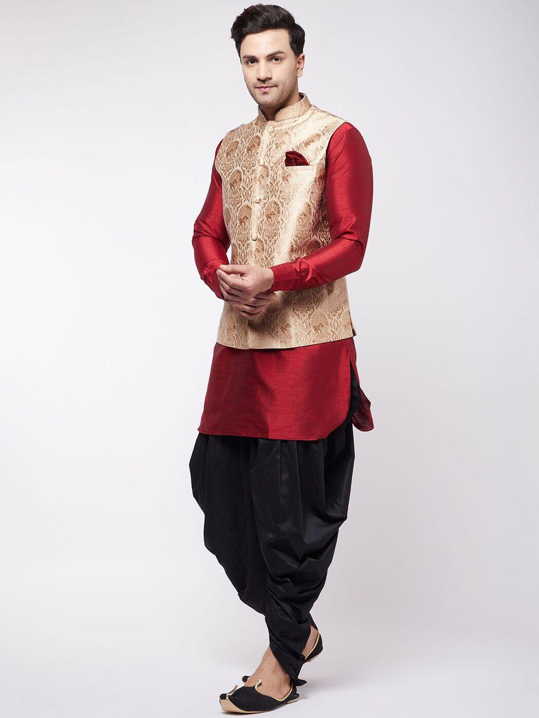 vm woven design mandarin collar nehru jacket with kurta with dhoti pants