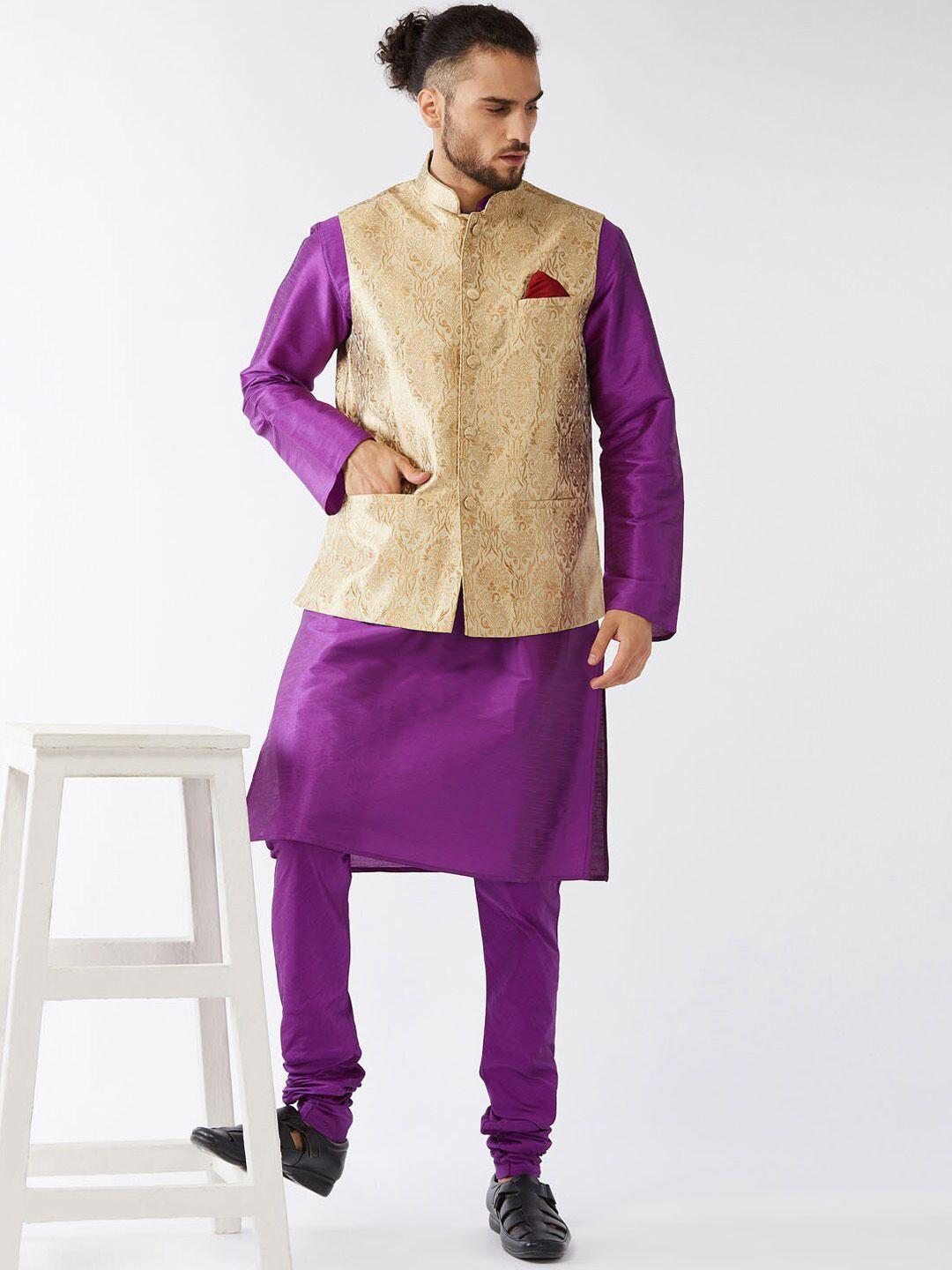 vm woven design mandarin collar regular kurta with churidar & nehru jacket