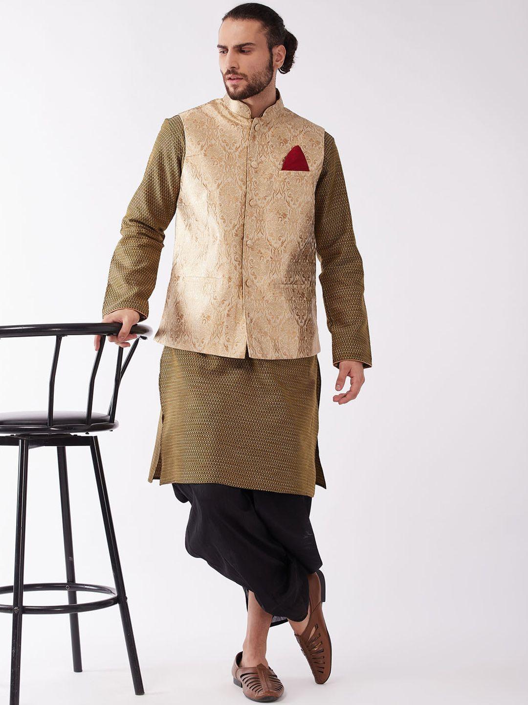 vm woven design mandarin collar regular kurta with dhoti pant & nehru jacket
