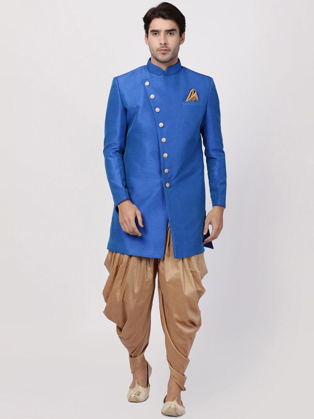 vm woven design mandarin collar slim-fit indowestern sherwani set
