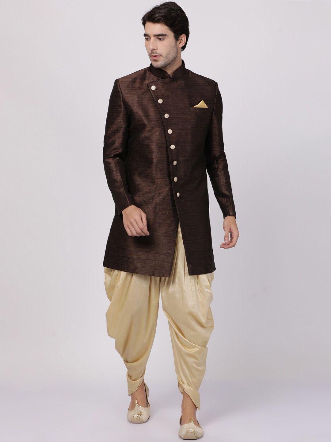 vm woven design mandarin collar slim-fit indowestern sherwani set