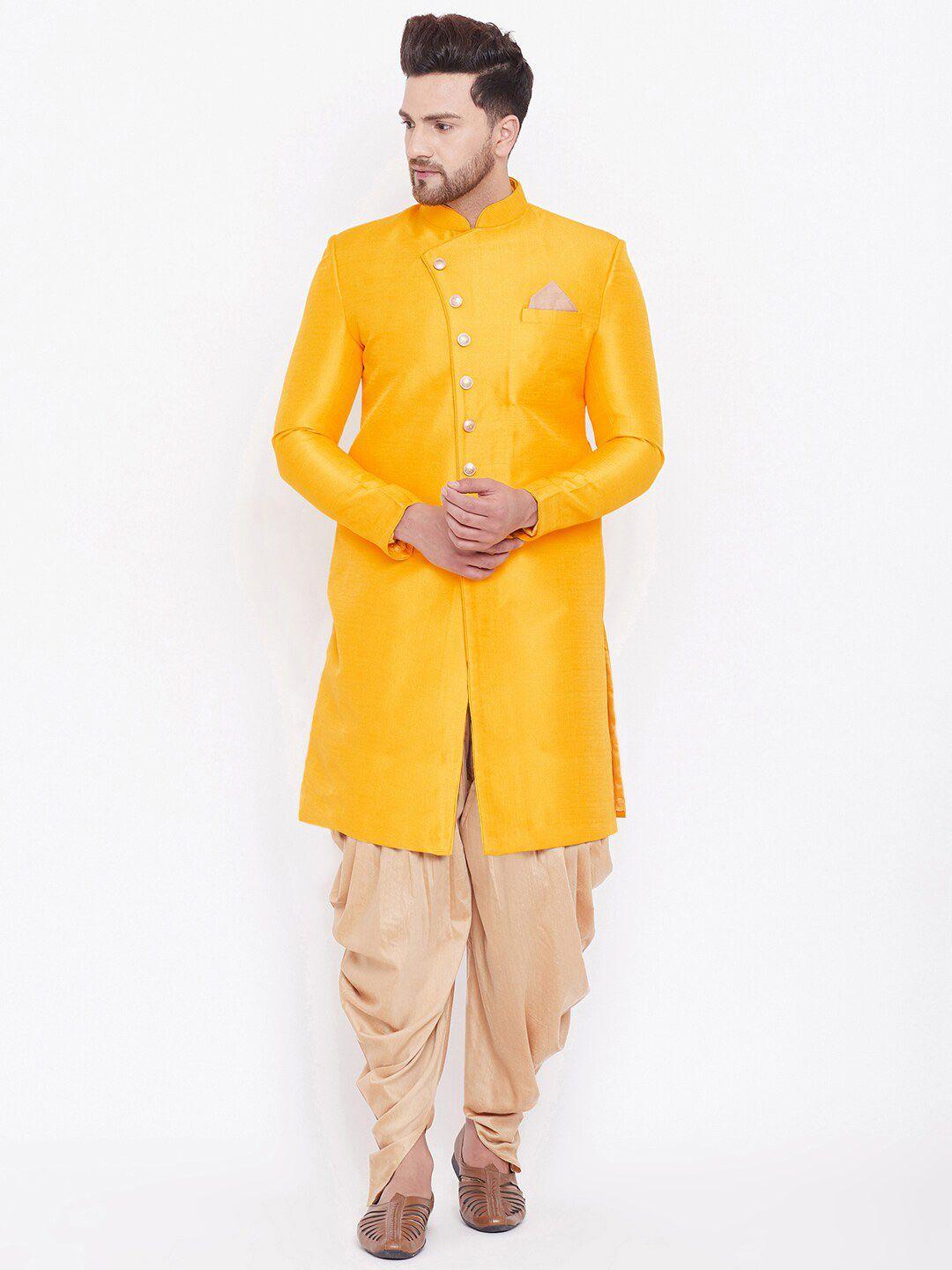 vm woven design mandarin collar slim-fit indowestern sherwani set