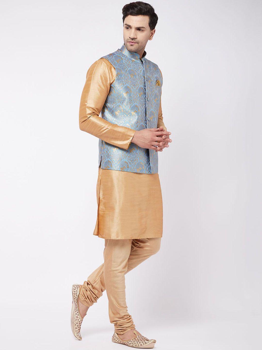 vm woven design regular kurta with churidar & nehru jacket