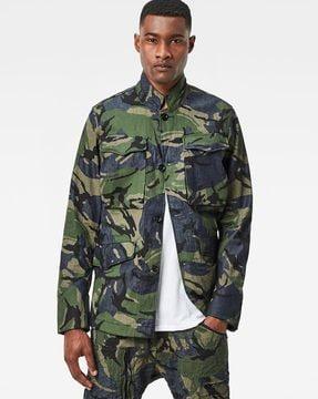 vodan worker camouflage print slim fit overshirt with flap pockets