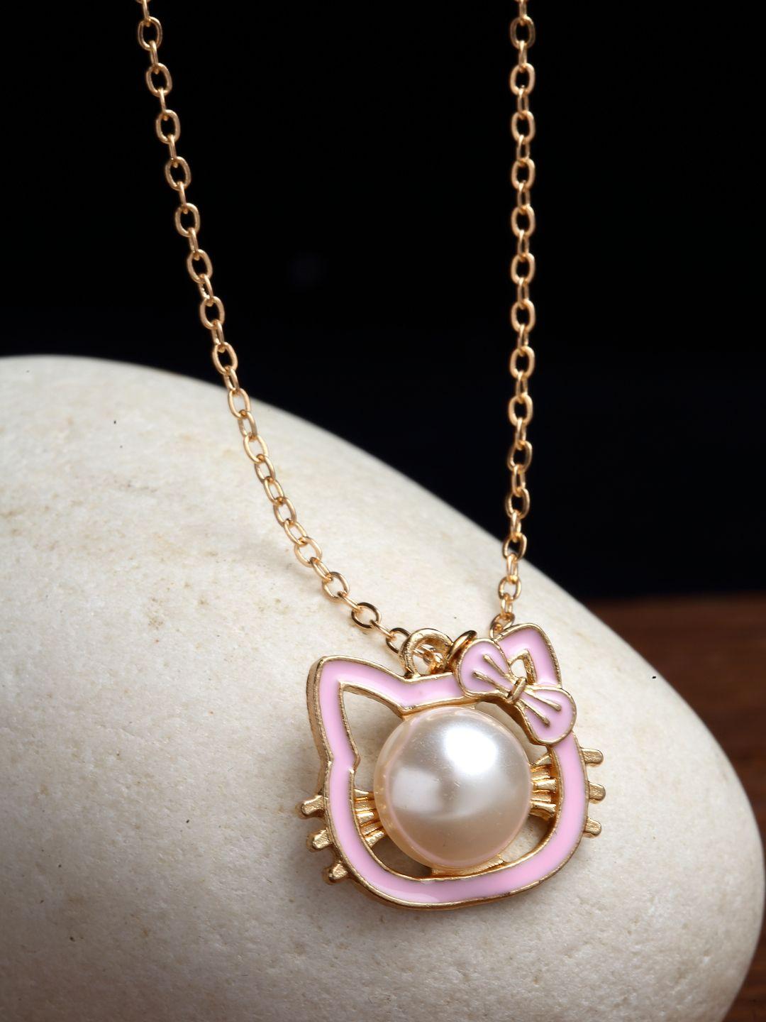 vogue panash gold-plated pink & pearl kitty pendant with chain