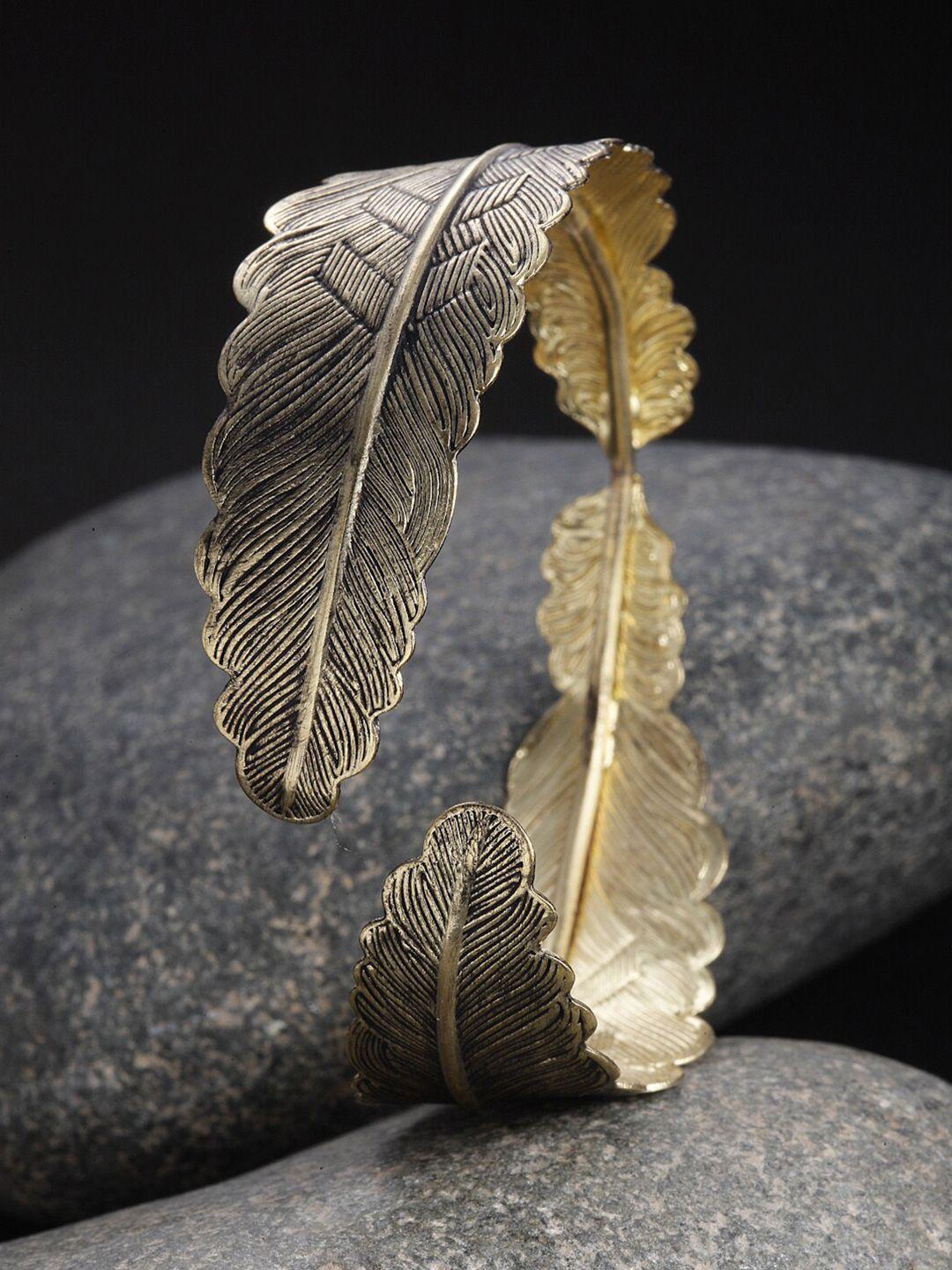 vogue panash women gold-plated & black leaf shaped cuff bracelet