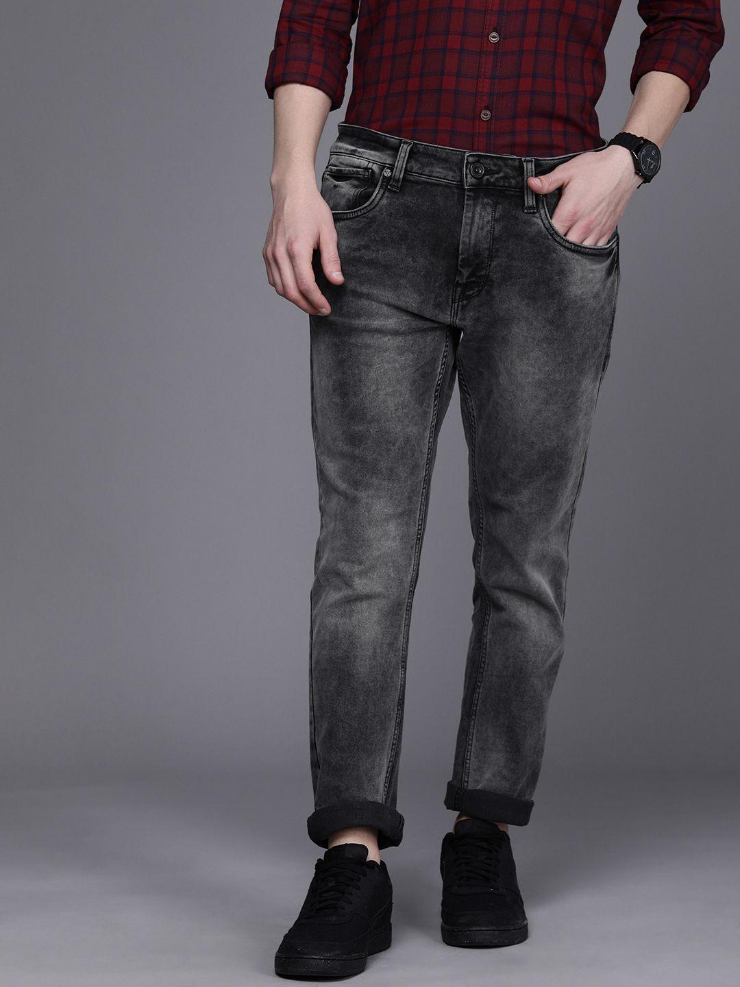 voi jeans men charcoal grey track skinny fit heavy fade acid wash stretchable jeans