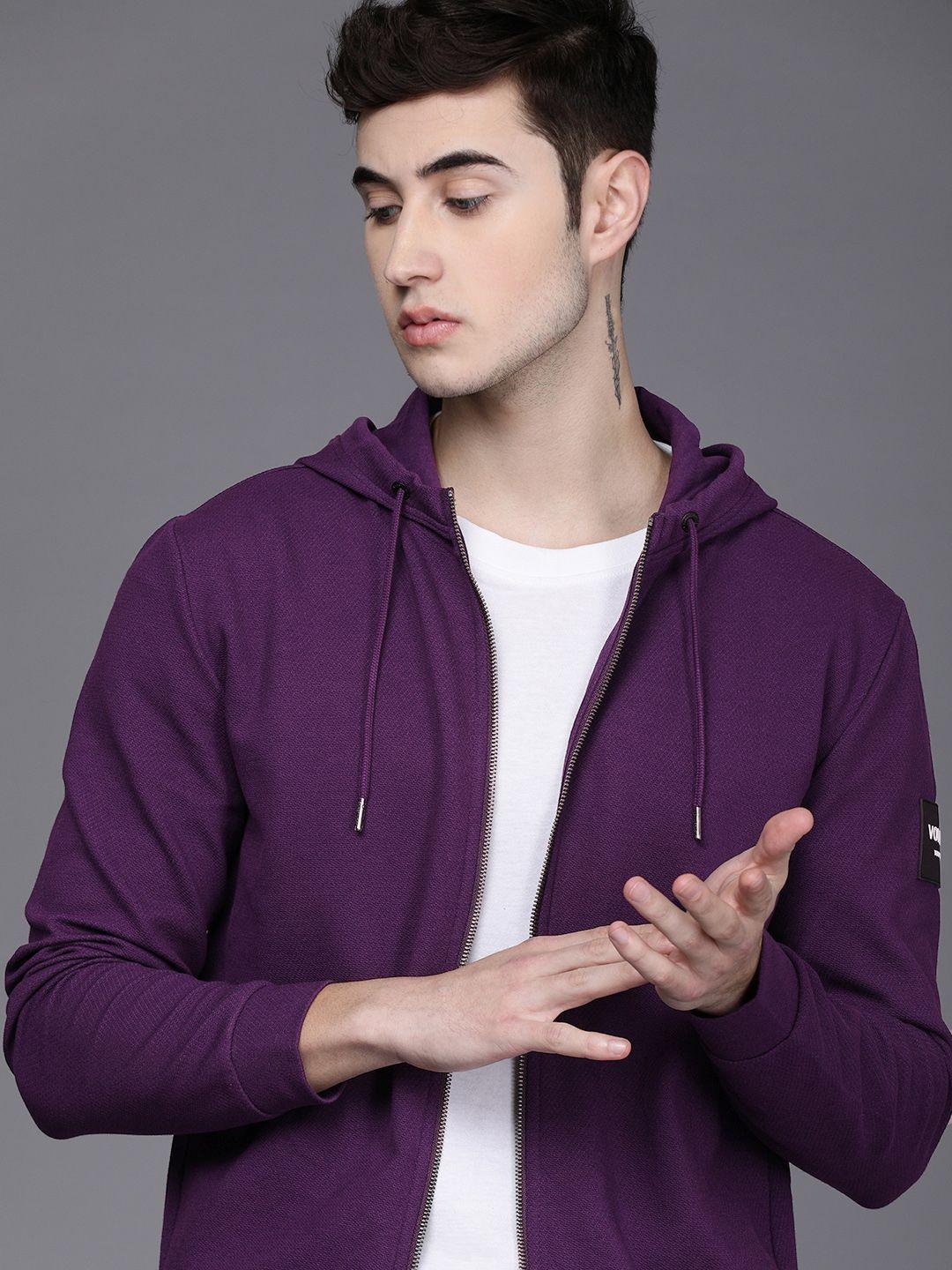 voi jeans men purple solid hooded cotton front-open sweatshirt