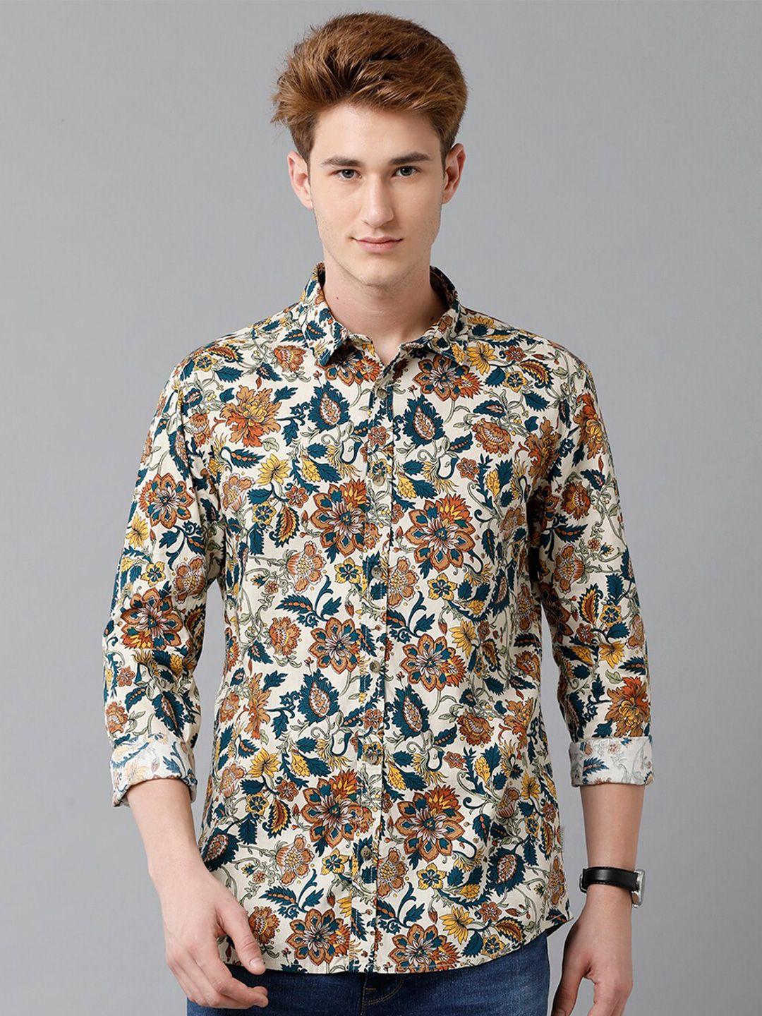 voi jeans floral printed spread collar pure cotton slim fit casual shirt