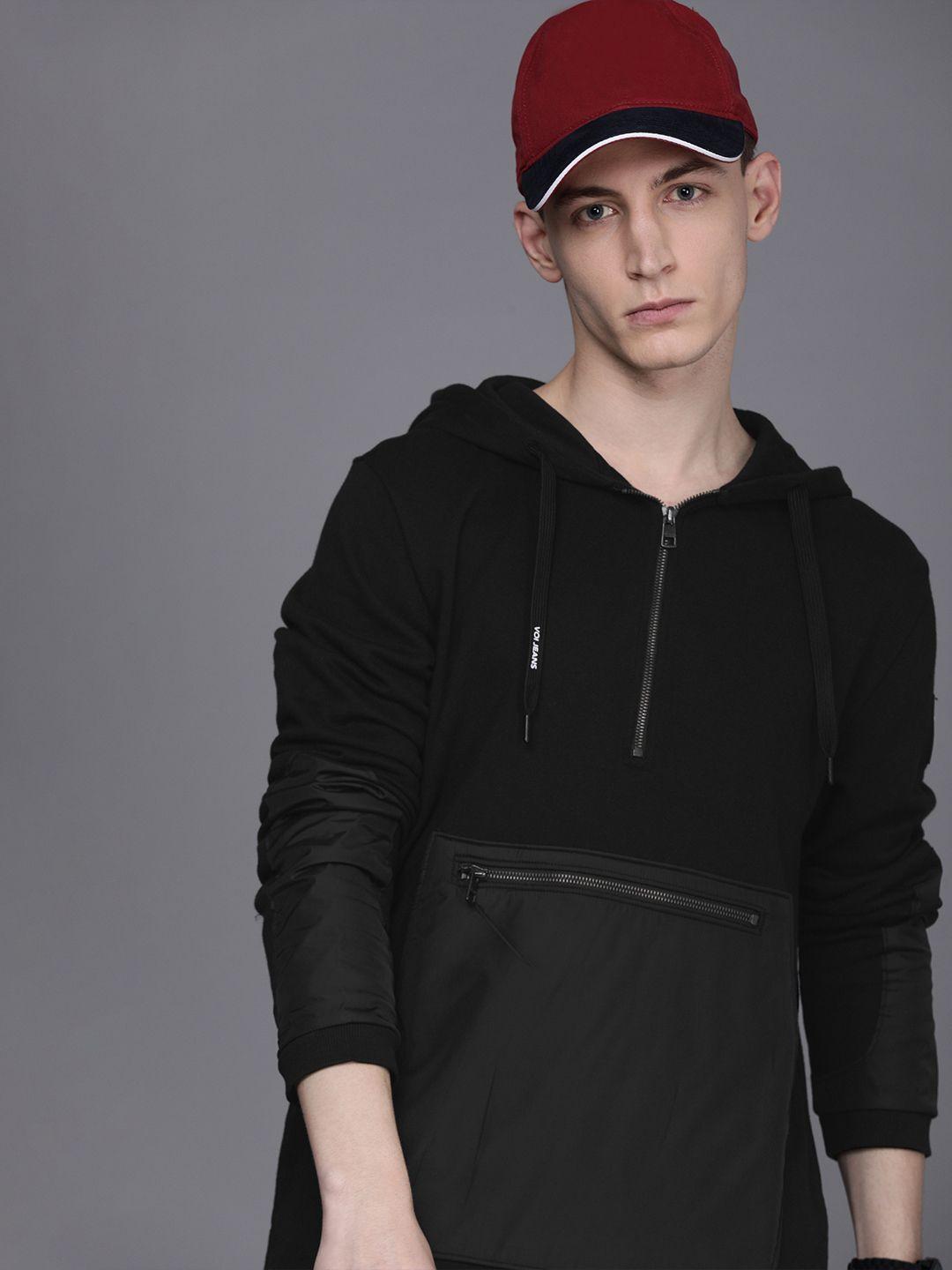 voi jeans men black solid hooded half zipper cotton sweatshirt