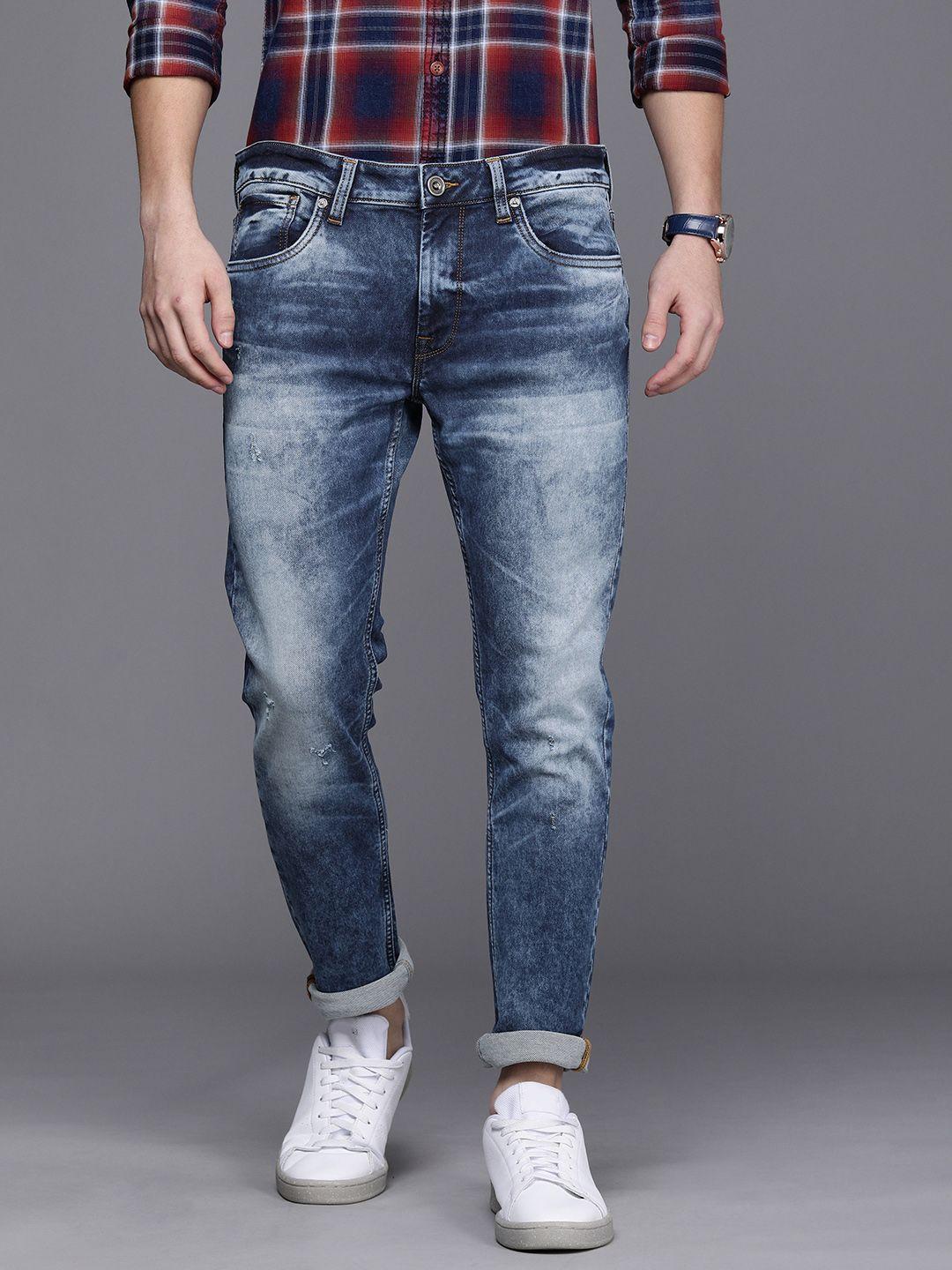 voi jeans men blue skinny fit low distress light fade stretchable jeans