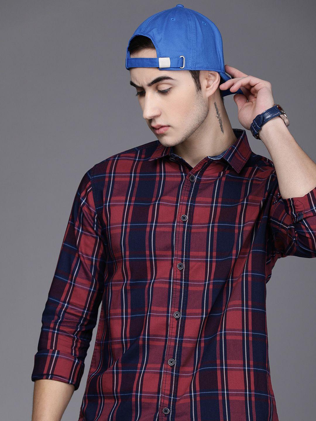 voi jeans men blue slim fit tartan checks checked casual shirt