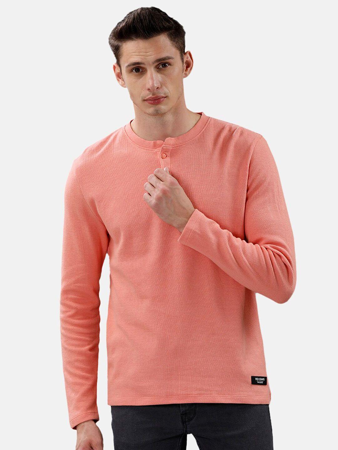 voi jeans men coral solid henley neck slim fit cotton t-shirt