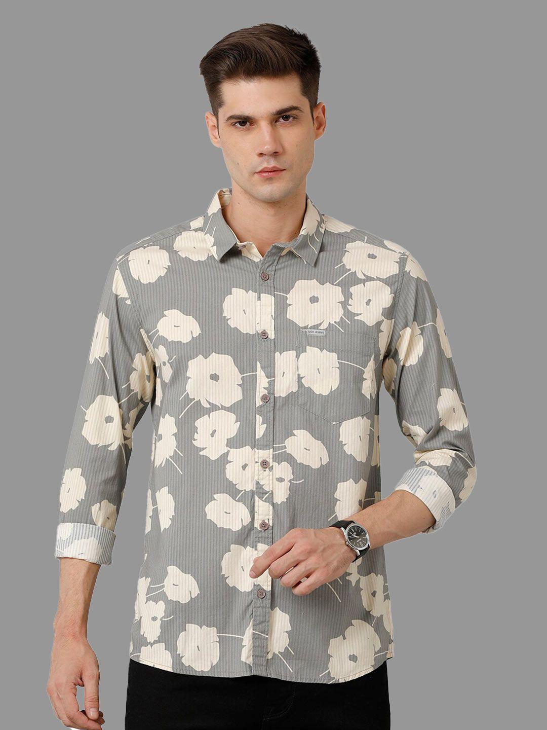 voi jeans men grey classic slim fit floral opaque printed casual shirt