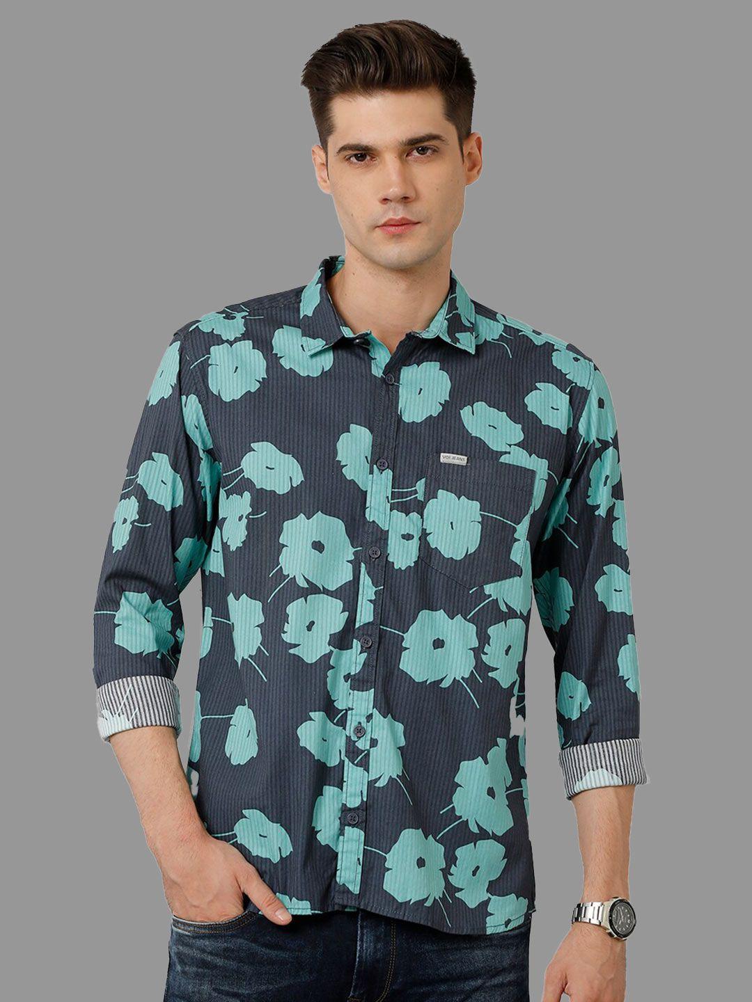 voi jeans men navy blue classic slim fit floral opaque printed casual shirt