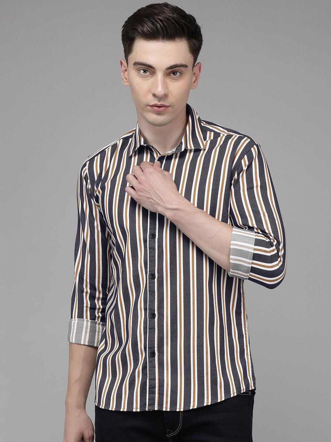 voi jeans men navy blue standard slim fit striped casual shirt