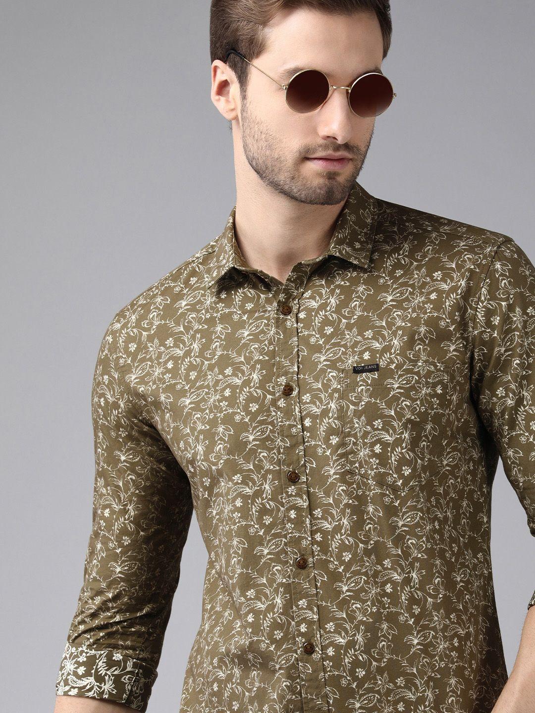 voi jeans men olive green & white standard slim fit floral pure cotton casual shirt