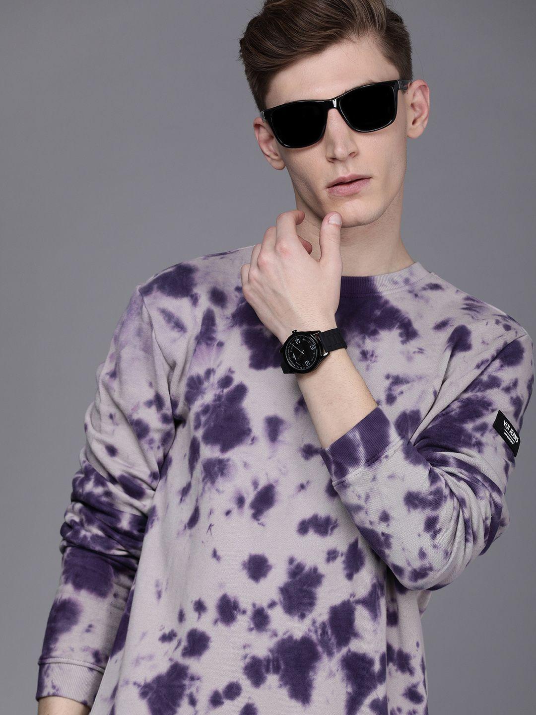 voi jeans men purple tie & dye colourblocked cotton sweatshirt