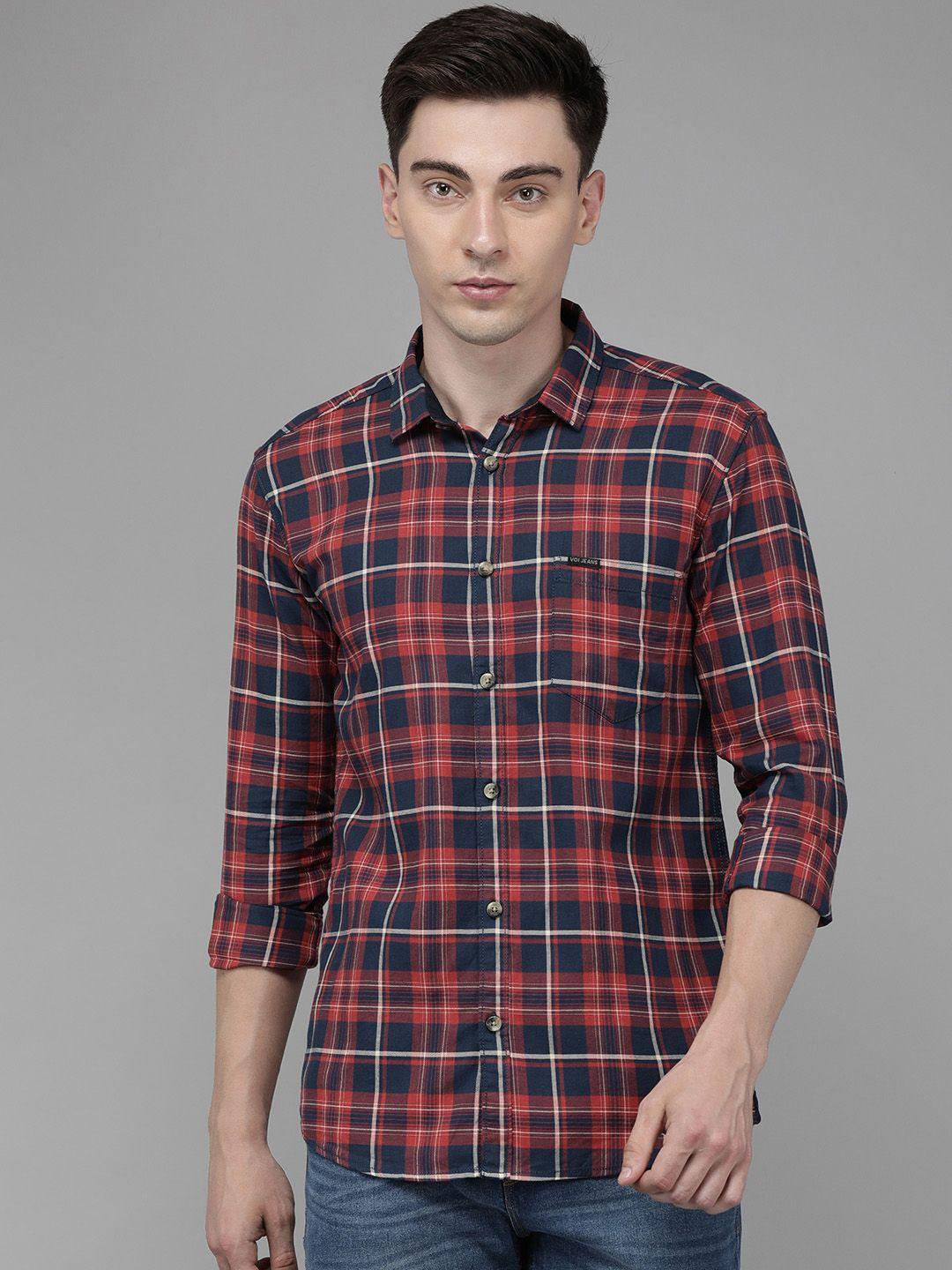 voi jeans men red & navy blue pure cotton standard slim fit tartan checks casual shirt