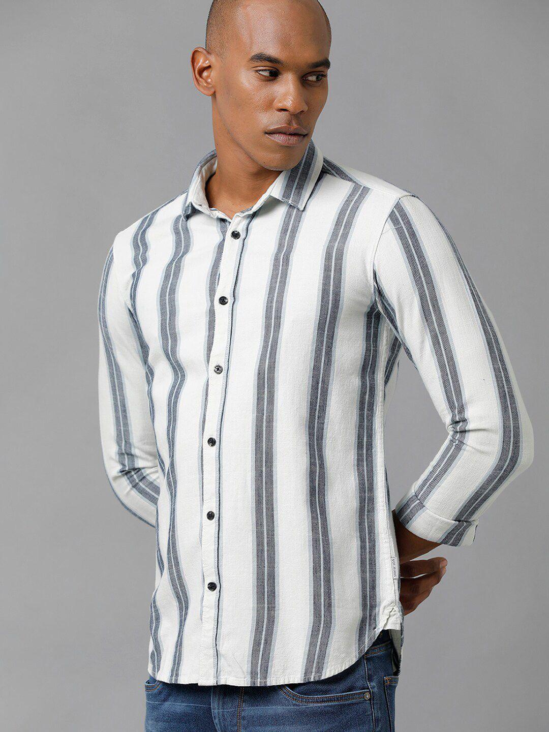 voi jeans vertical striped spread collar pure cotton slim fit casual shirt