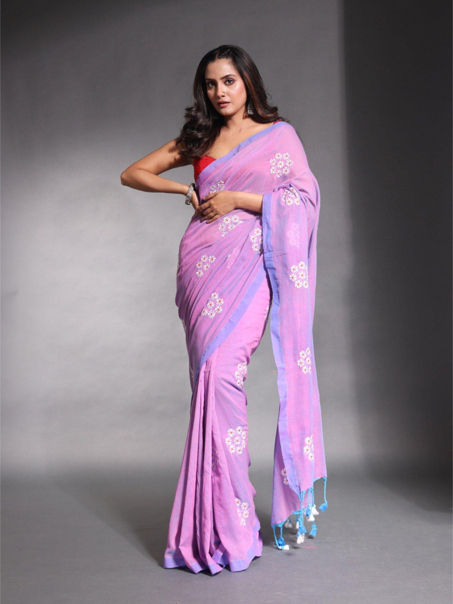 voilet floral embroidery work pure cotton soft saree with unstitched blouse