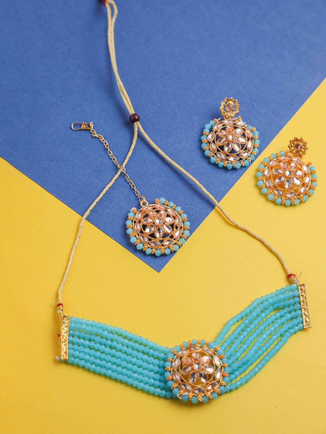 voj gold-plated kundan-studded & beaded jewellery set
