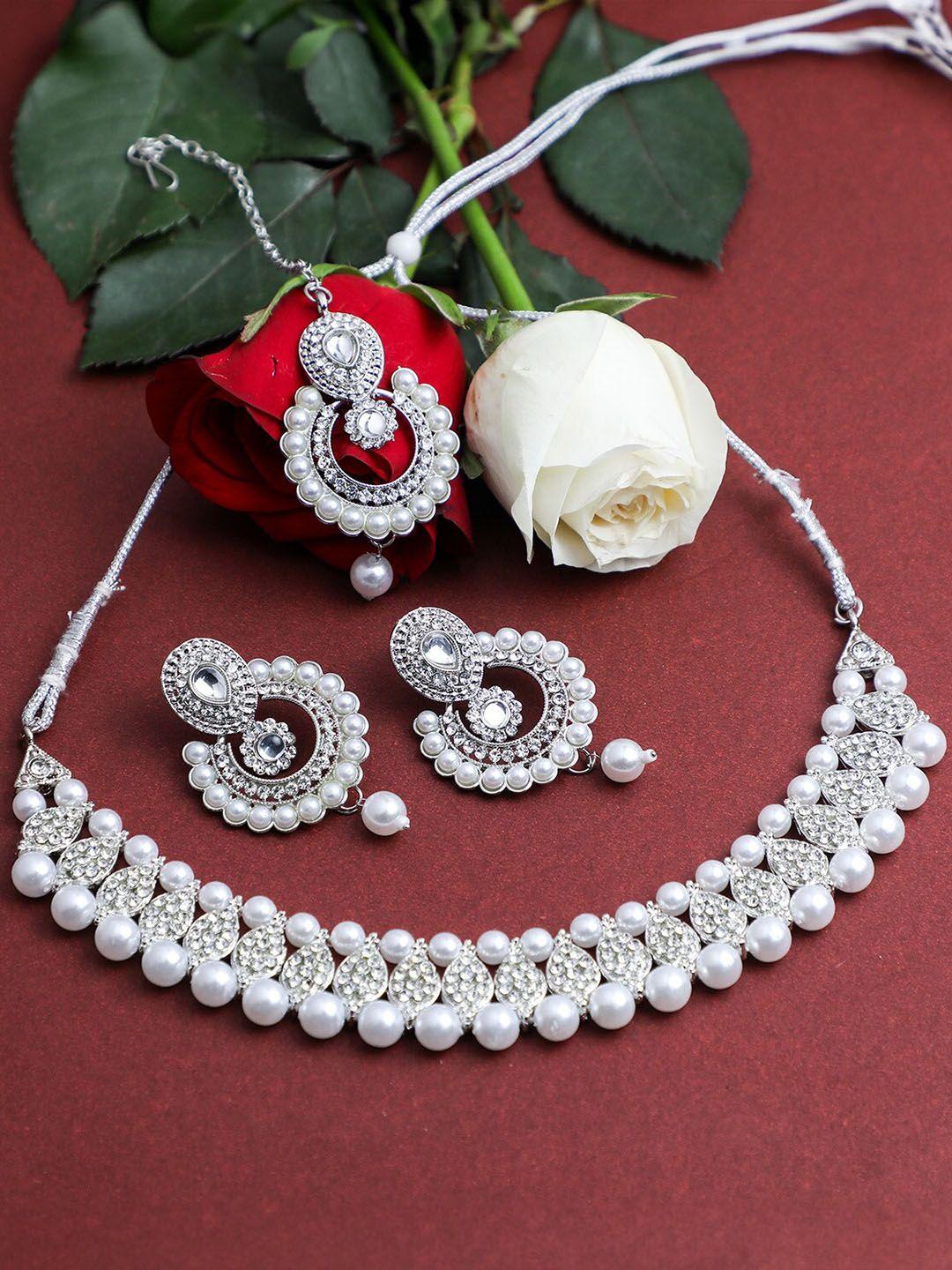 voj silver-plated artificial stones-studded & beaded jewellery set