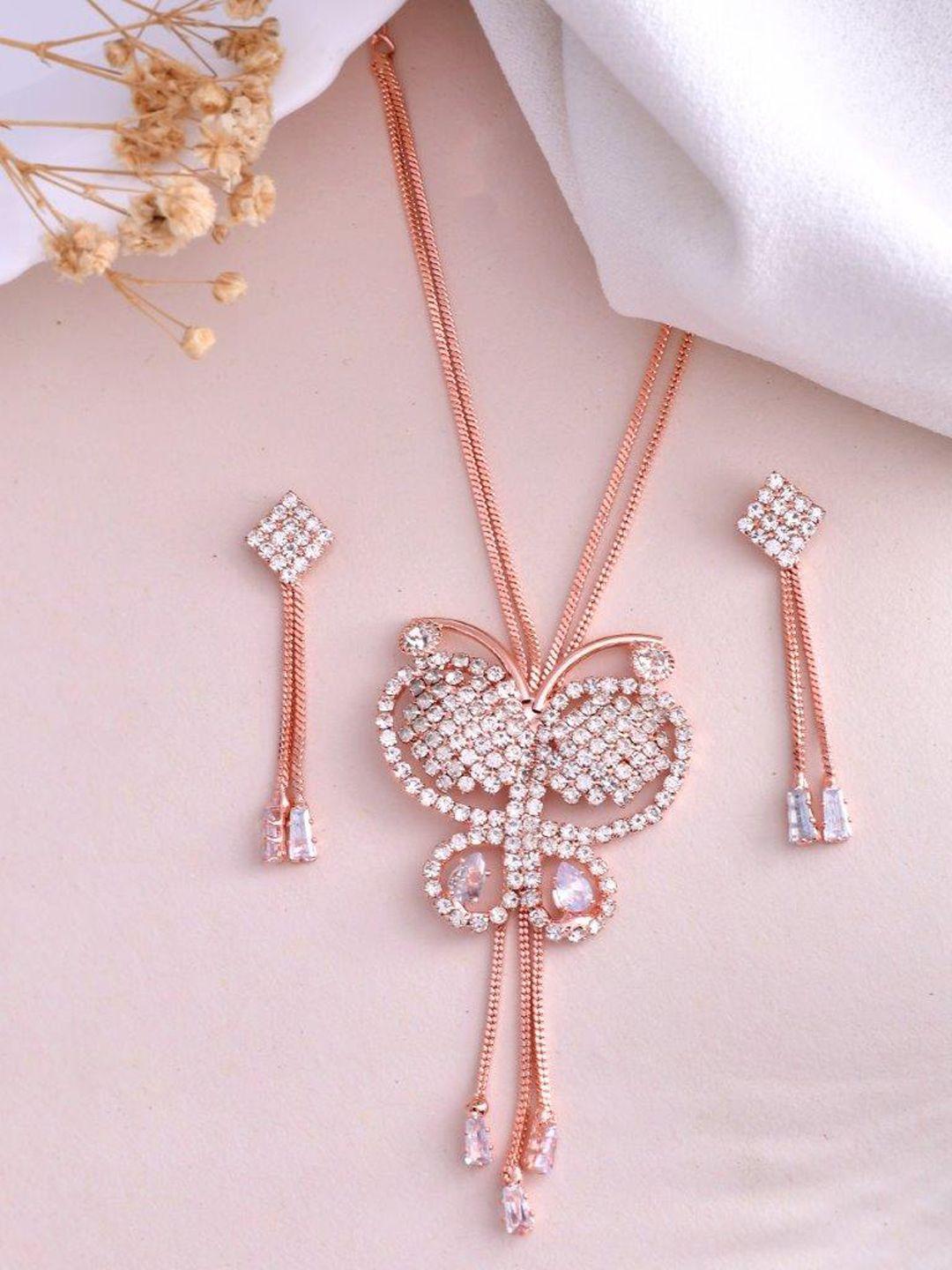 voj stainless steel rose gold plated artificial stones studded butterfly charm necklace & earrings