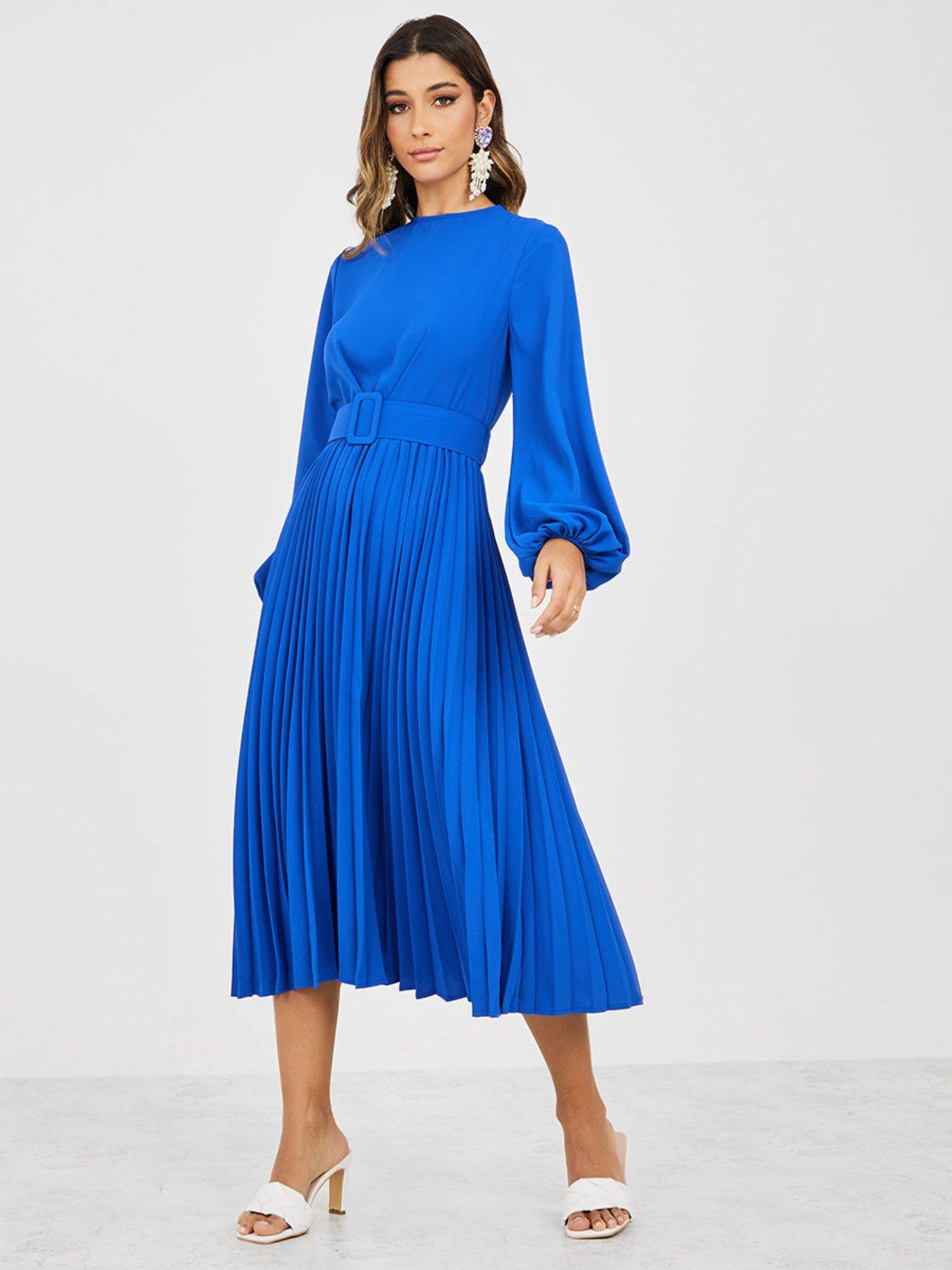 volume sleeve pleated a-line midi dress with belt (set of 2)