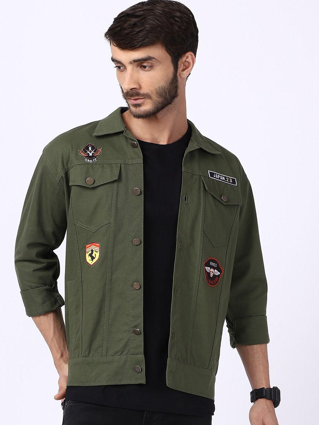 voxati men olive green crop denim jacket with patchwork