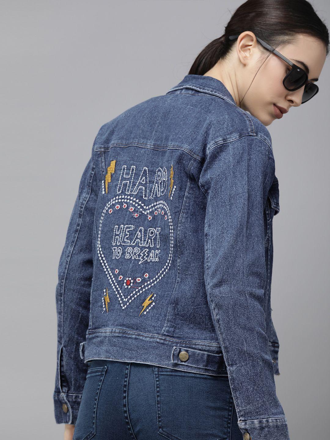 voxati women blue typography embroidered denim jacket