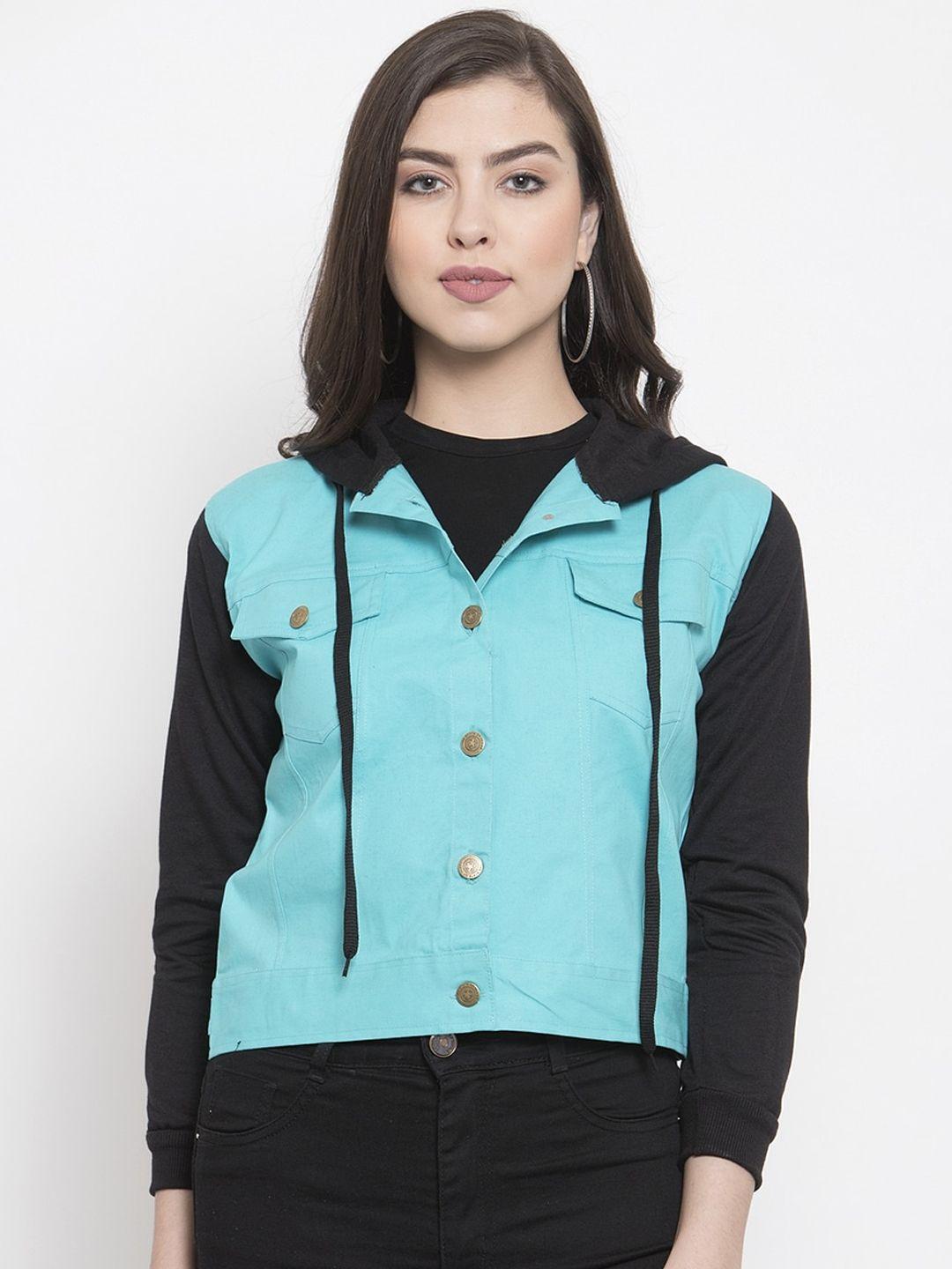 voxati women colourblocked hooded crop tailored jacket