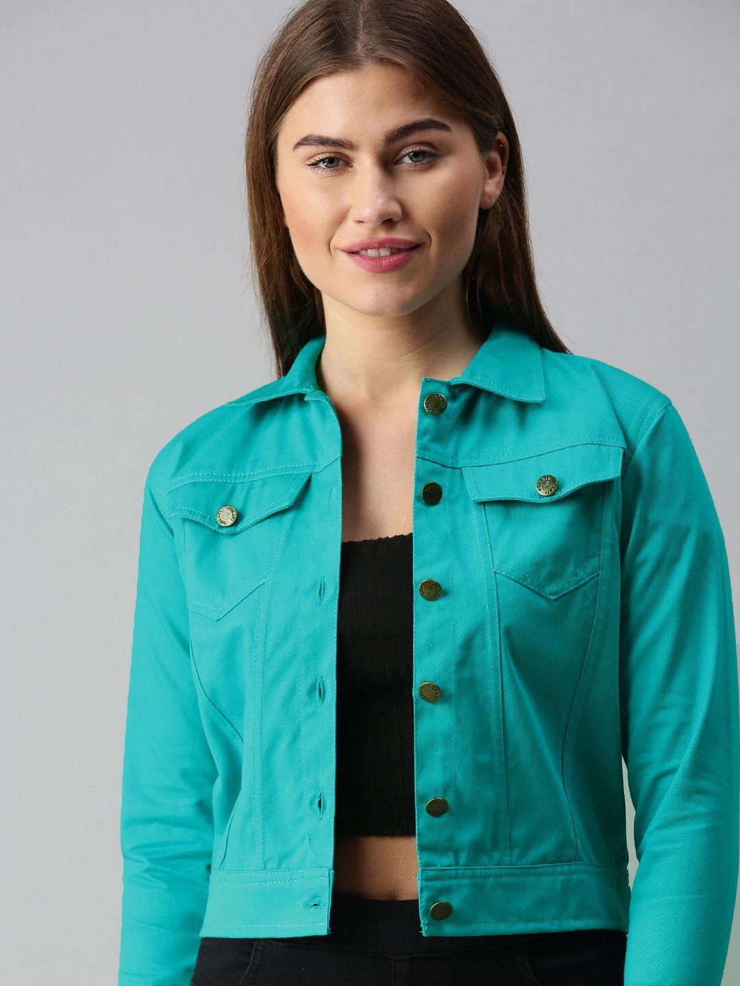 voxati women turquoise blue solid denim jacket