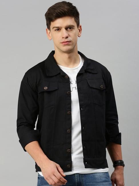 voxati black regular fit shirt collar denim jacket