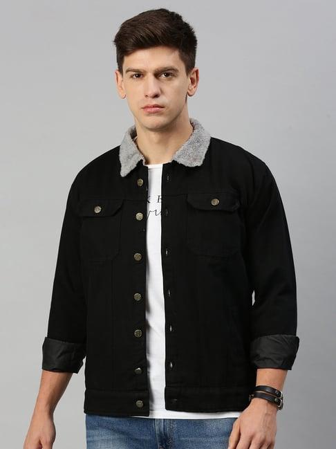 voxati black regular fit shirt collar denim jacket