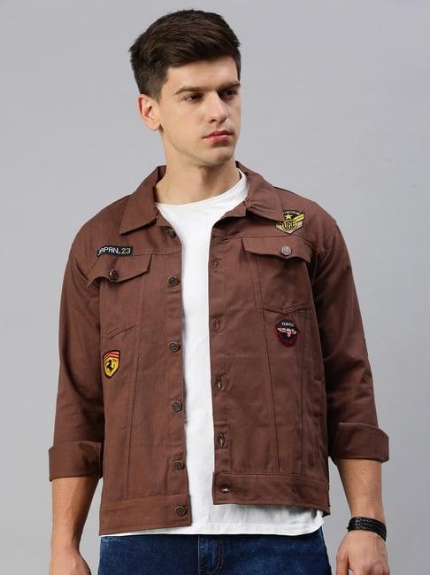 voxati brown regular fit shirt collar denim jacket