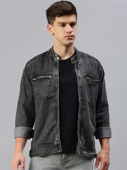 voxati dark grey regular fit mandarin collar denim jacket