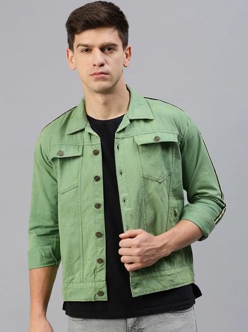 voxati green regular fit shirt collar denim jacket