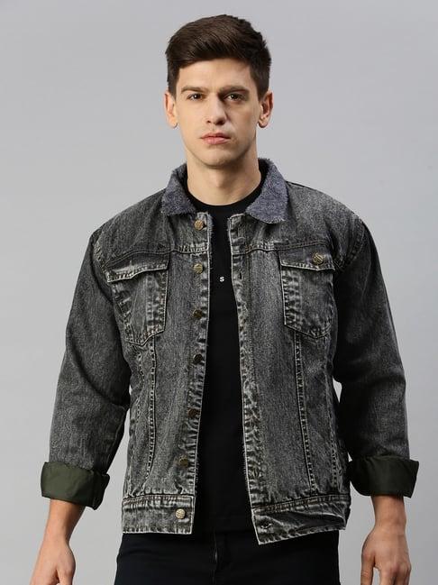 voxati grey regular fit shirt collar denim jacket