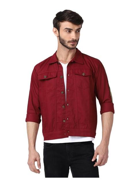 voxati maroon full sleeves shirt collar denim jacket