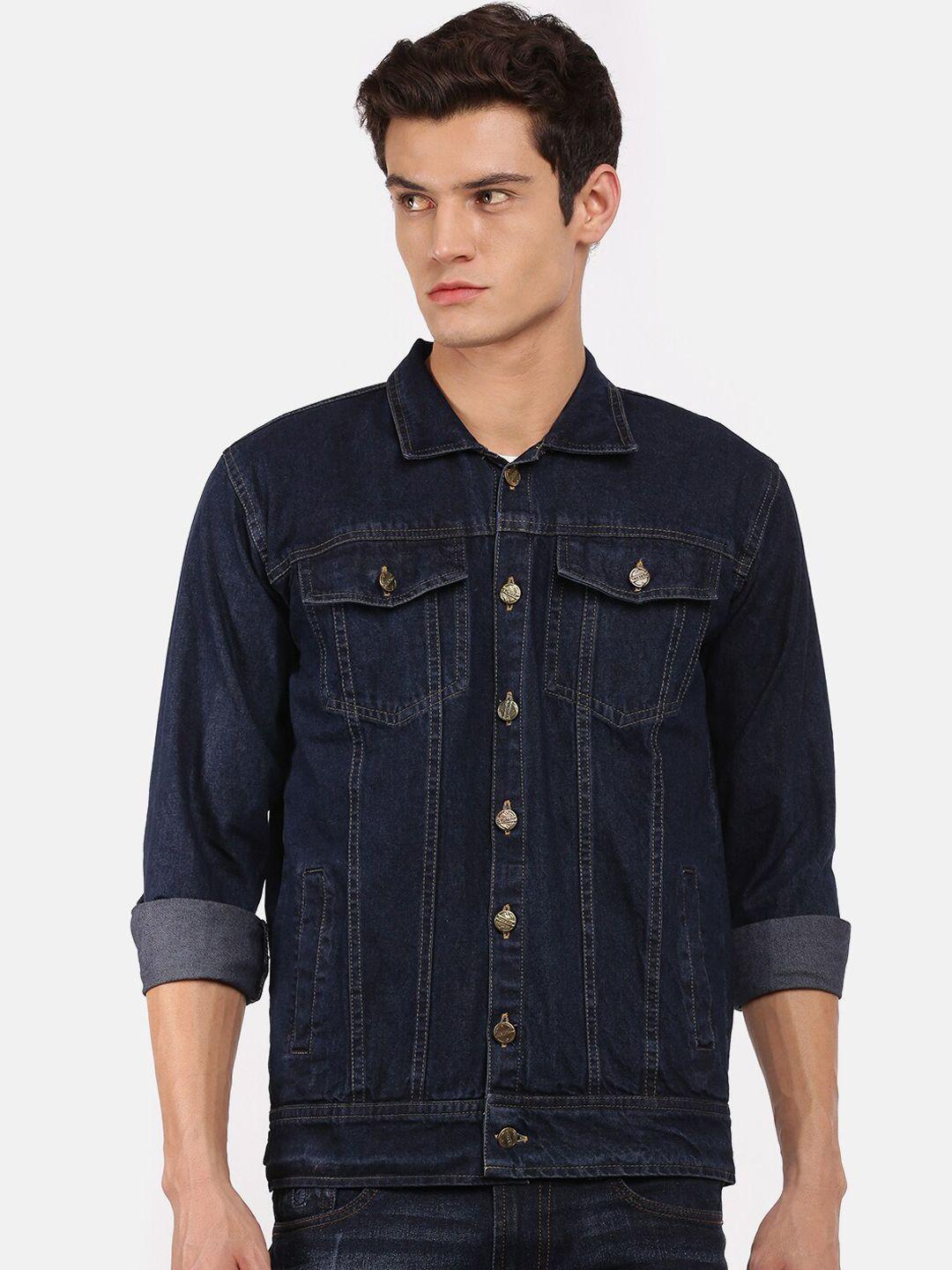 voxati men blue washed checked longline denim jacket with embroidered