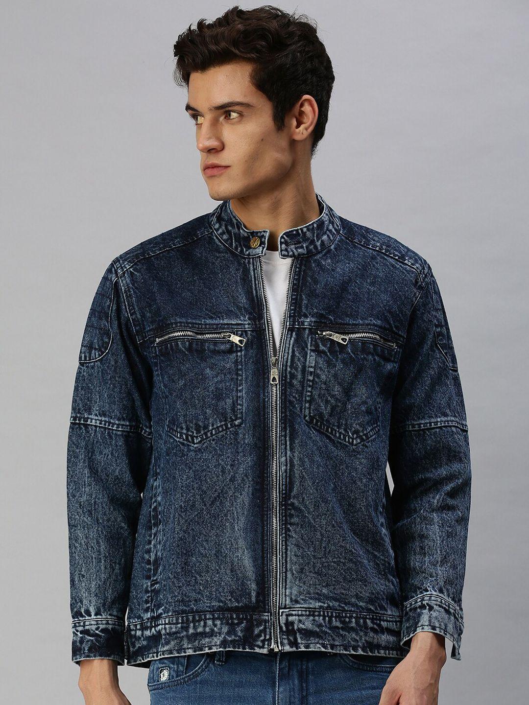 voxati men blue washed longline denim jacket with patchwork