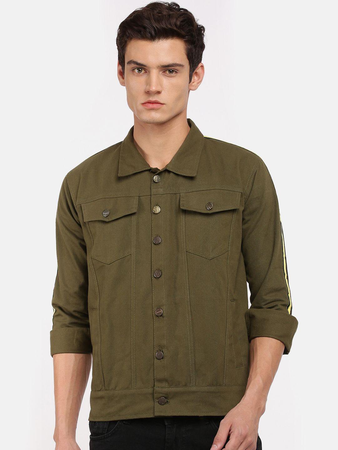 voxati men olive green crop denim jacket with embroidered