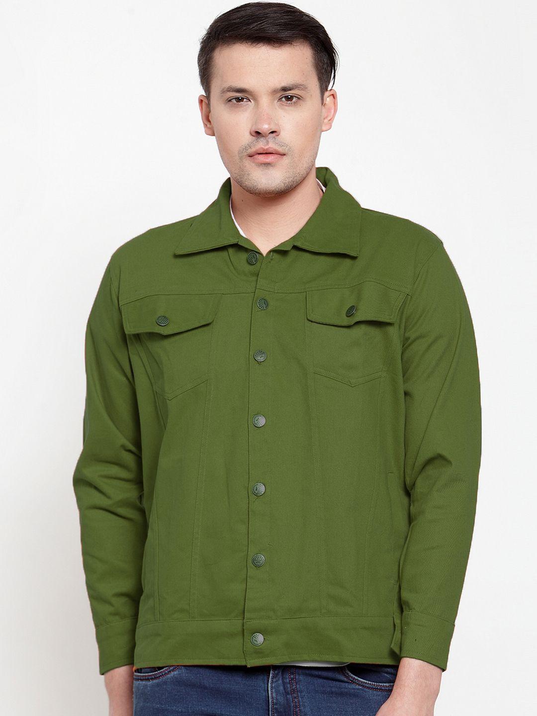 voxati men olive green solid denim jacket