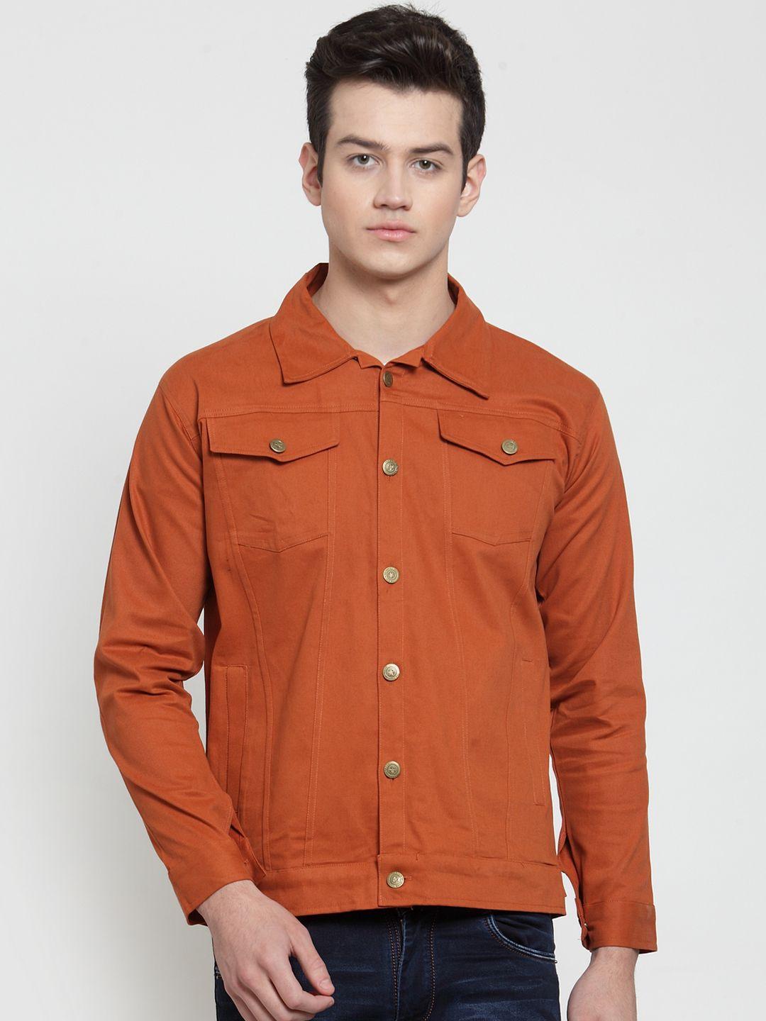 voxati men rust brown solid denim jacket