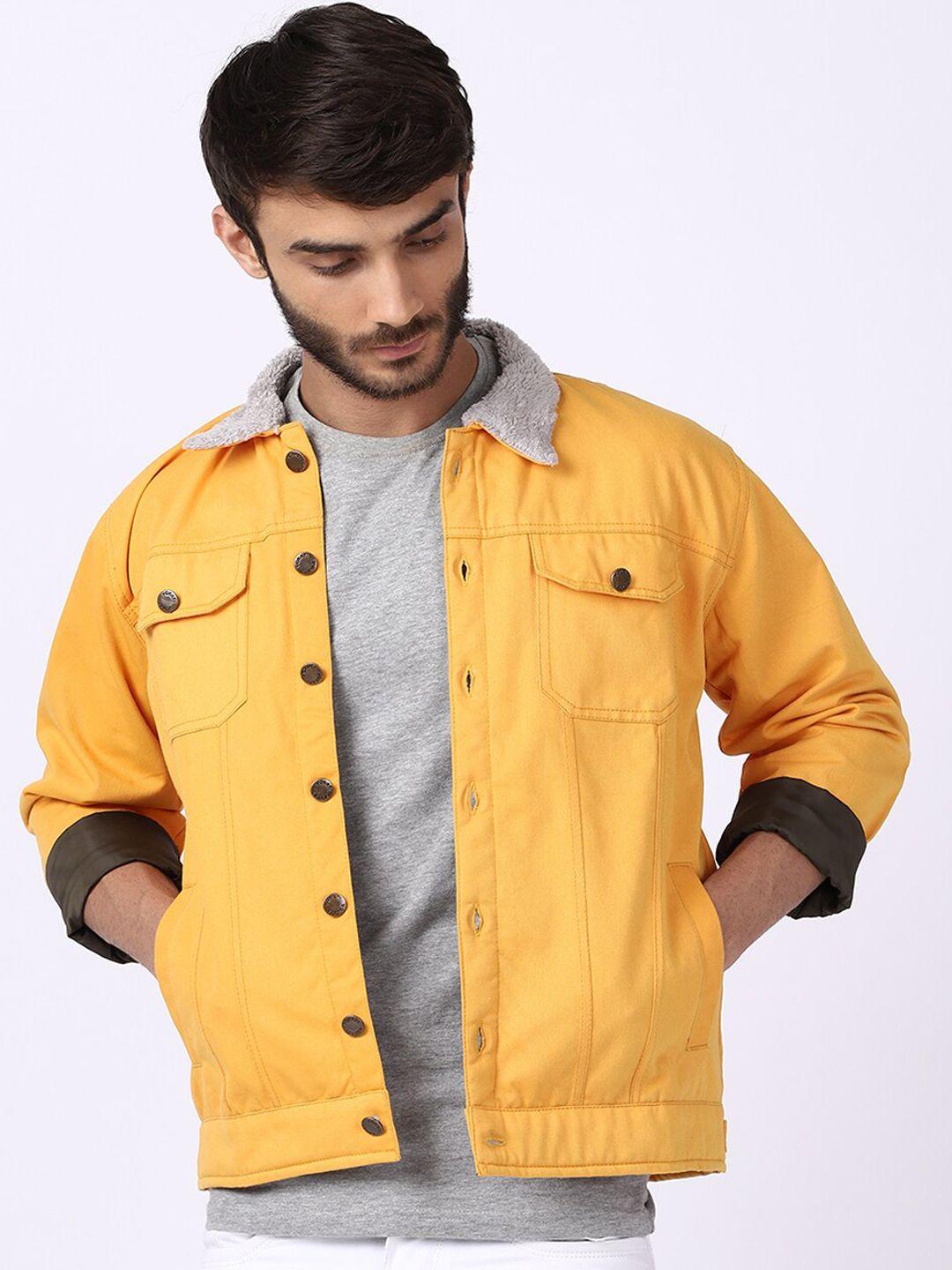 voxati men yellow washed colourblocked crop denim jacket