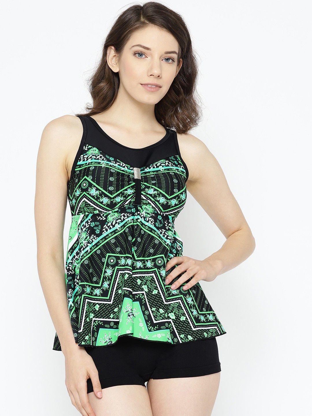 voxati women black & fluorescent green printed swim set