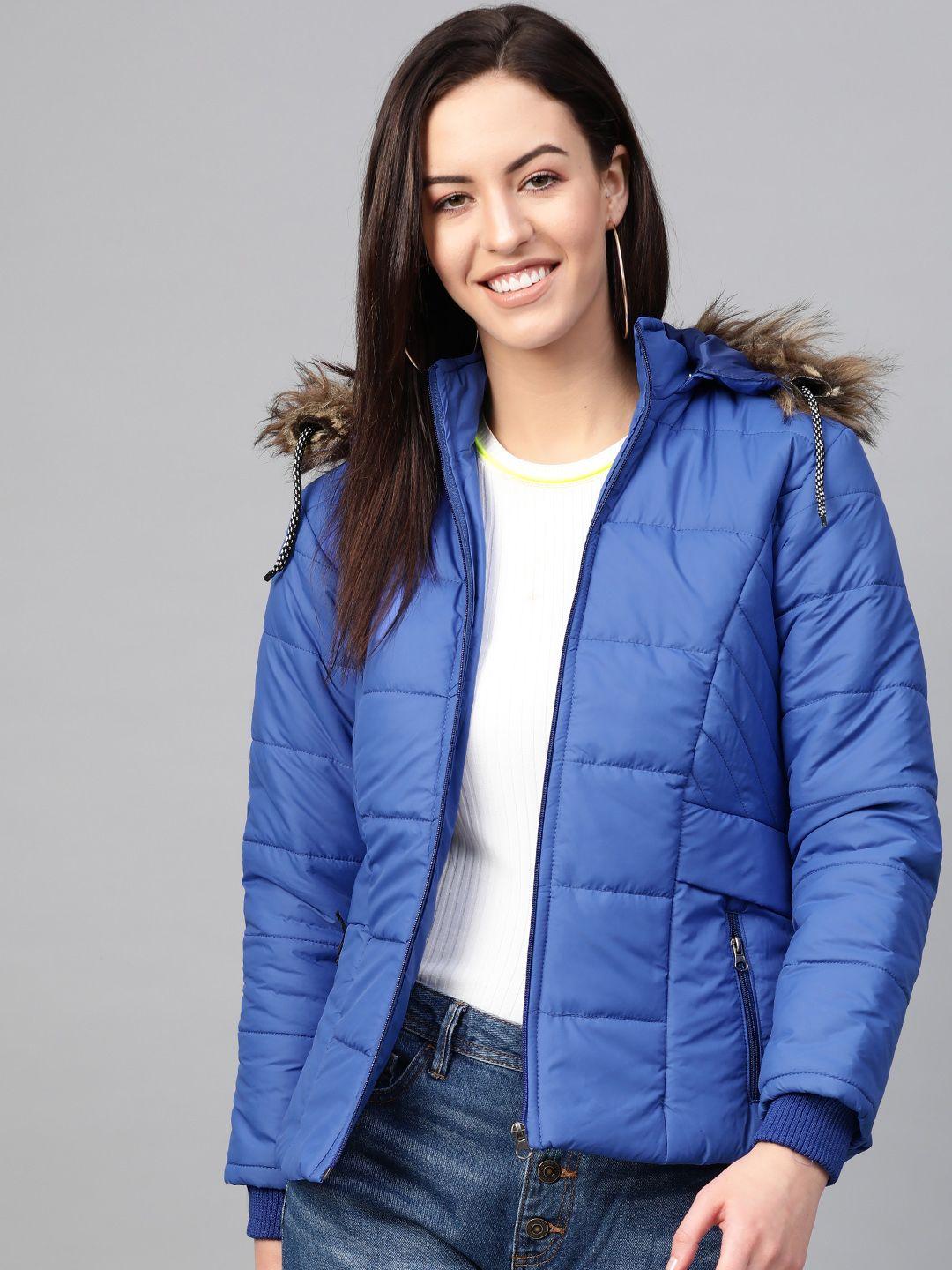 voxati women blue solid parka jacket with detachable hood