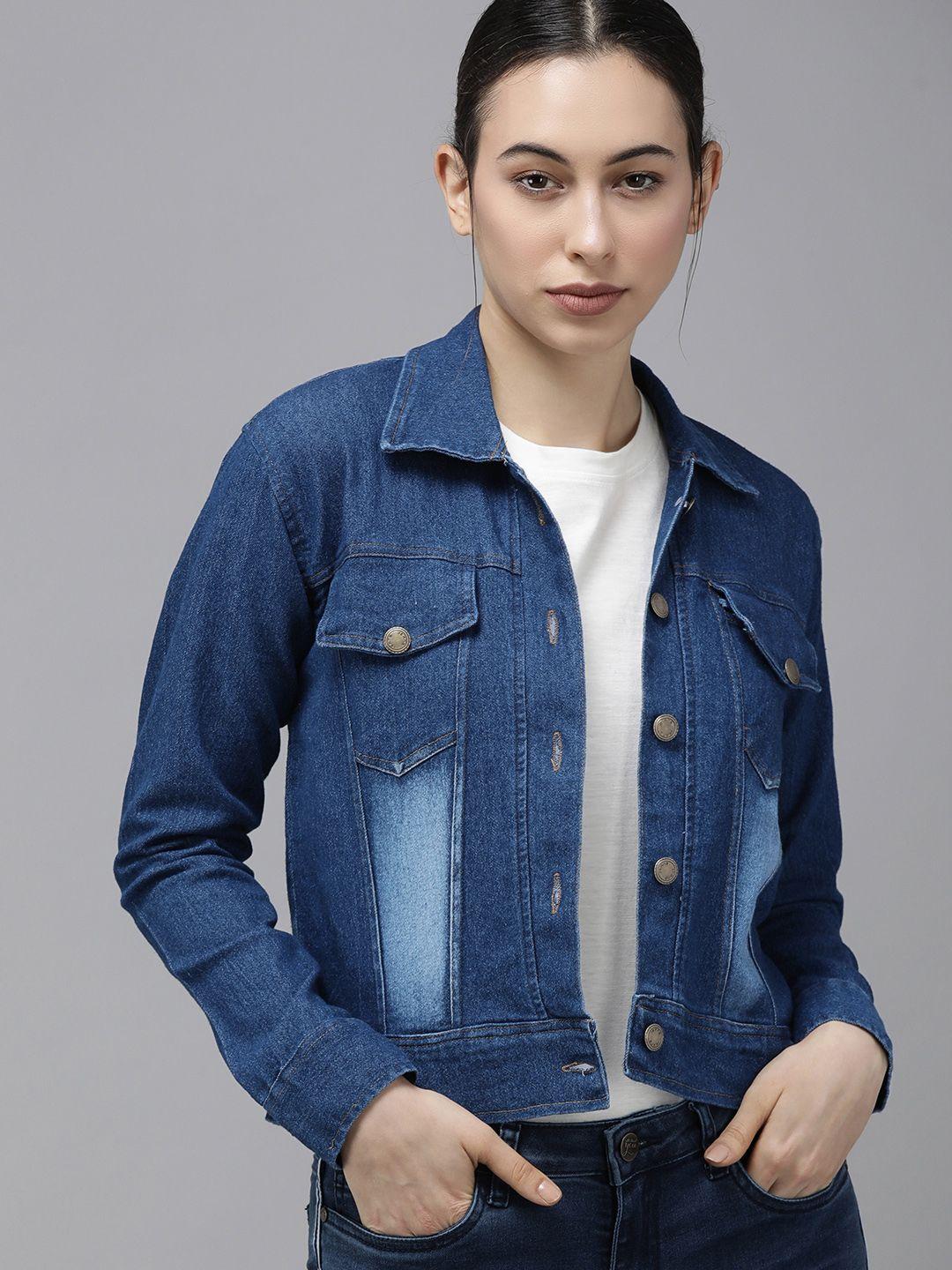 voxati women blue washed crop denim jacket with taping detail